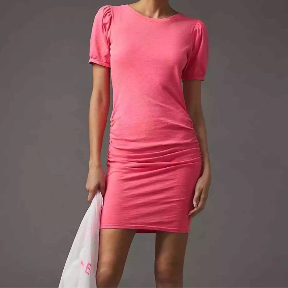 Anthropologie Sundry Pink Puff Sleeve Sporty Ruched Bodycon Knit Dress Size XS